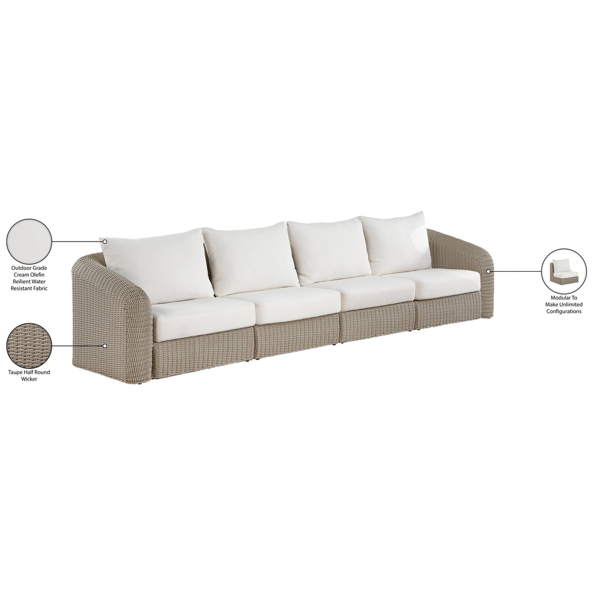 Seacrest 155.25in Cream Olefin Water Resistant Fabric And Wicker 4 Piece Outdoor Patio Modular Sofa