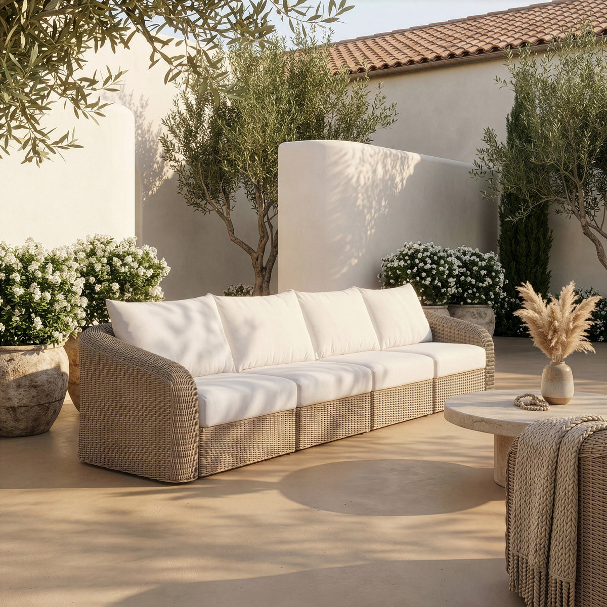 Seacrest 155.25in Cream Olefin Water Resistant Fabric And Wicker 4 Piece Outdoor Patio Modular Sofa