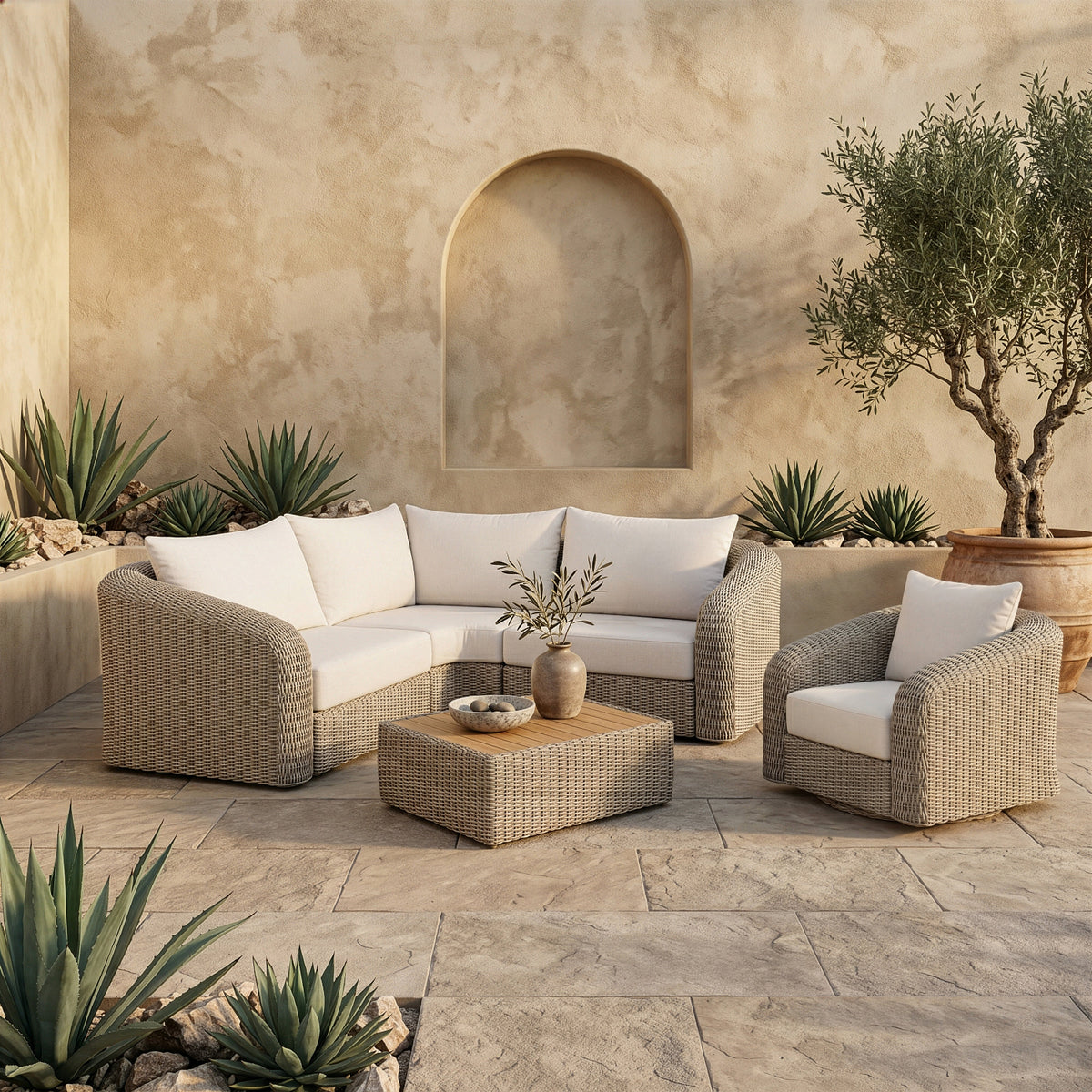 Seacrest 88.25in Cream Olefin Water Resistant Fabric And Wicker 3 Piece Outdoor Patio Modular Sectional Sofa