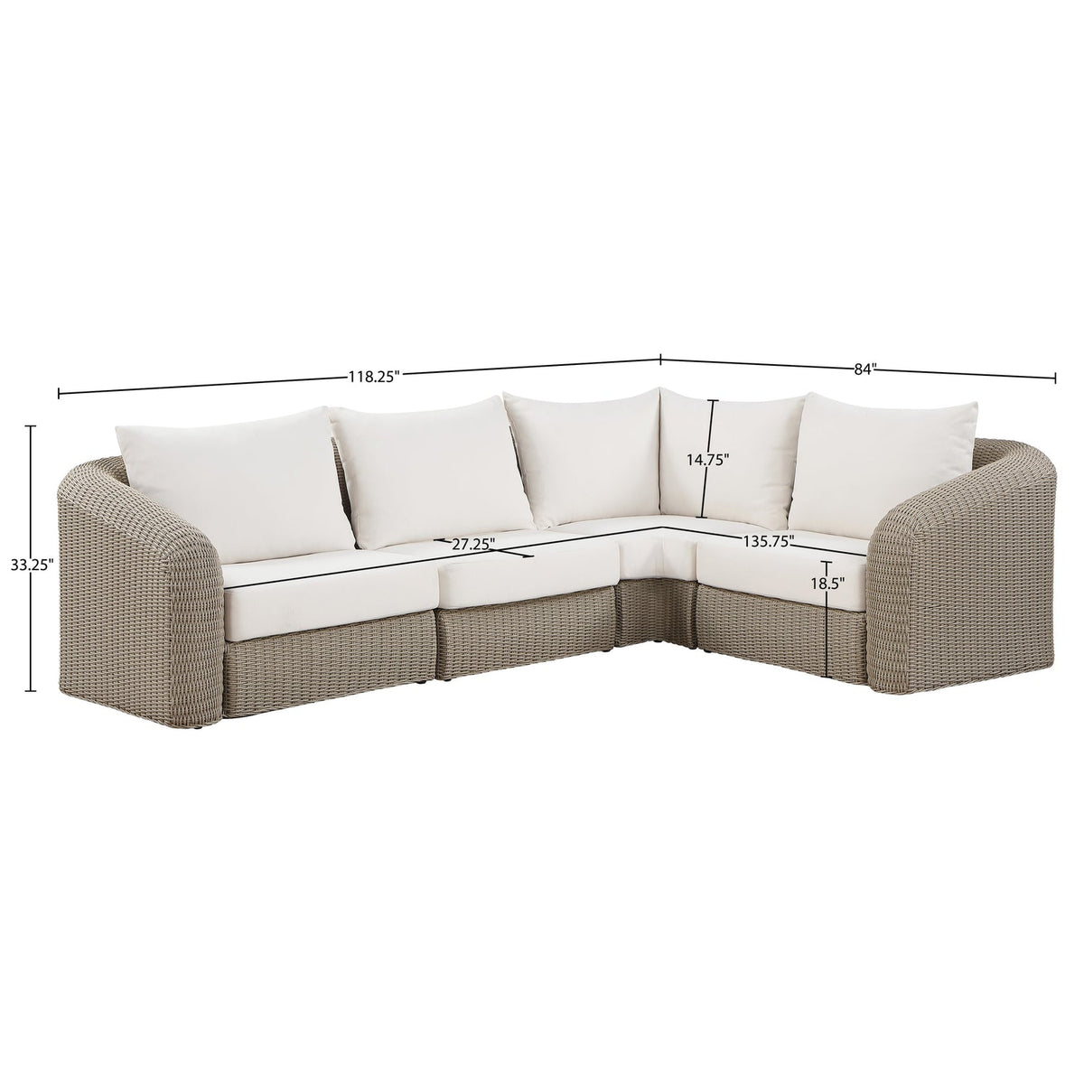Seacrest 123.25in Cream Olefin Water Resistant Fabric And Wicker 4 Piece Outdoor Patio Modular Sectional Sofa