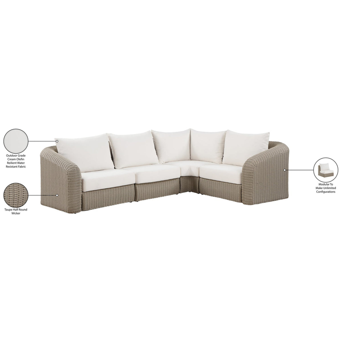 Seacrest 123.25in Cream Olefin Water Resistant Fabric And Wicker 4 Piece Outdoor Patio Modular Sectional Sofa
