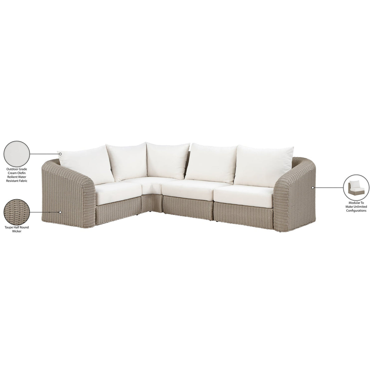 Seacrest 88.25in Cream Olefin Water Resistant Fabric And Wicker 4 Piece Outdoor Patio Modular Sectional Sofa
