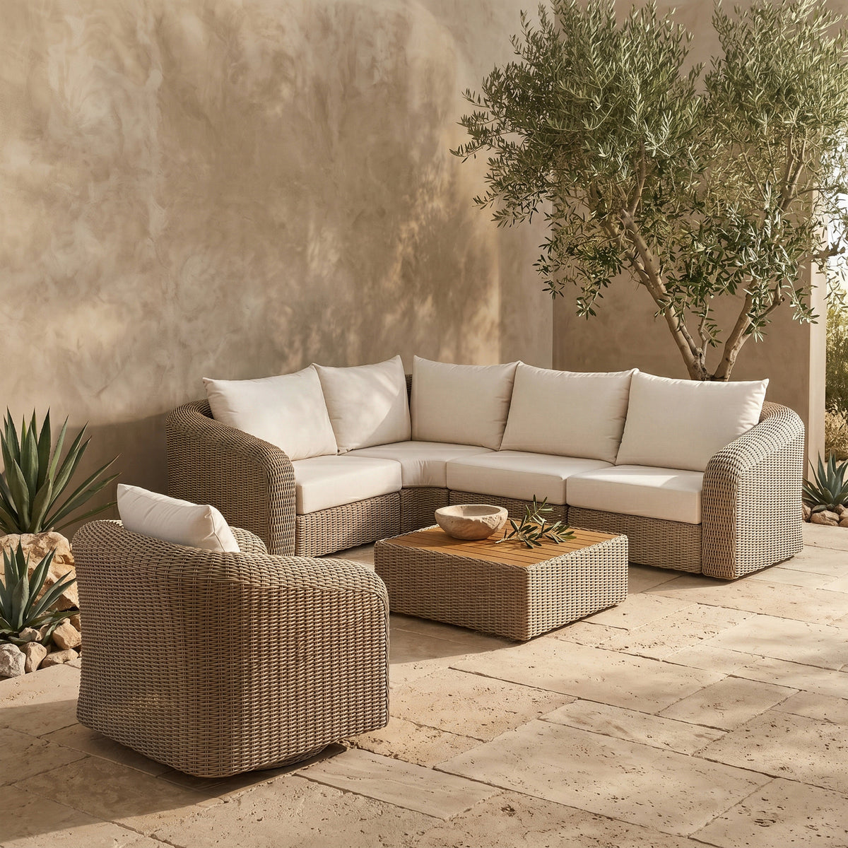 Seacrest 88.25in Cream Olefin Water Resistant Fabric And Wicker 4 Piece Outdoor Patio Modular Sectional Sofa