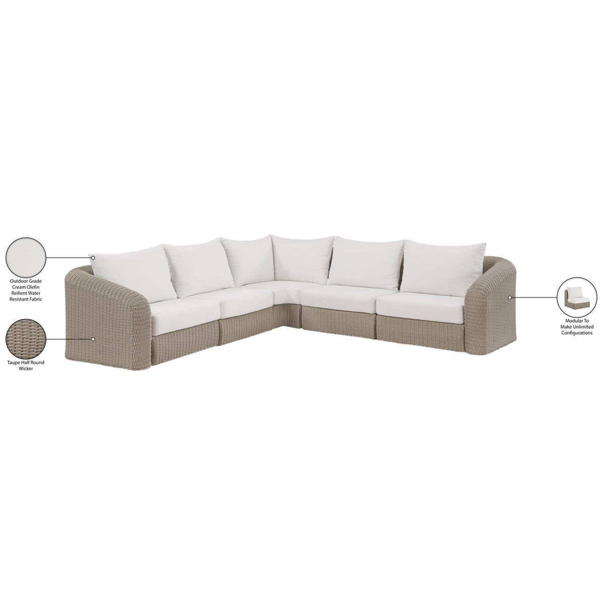 Seacrest 123.25in Cream Olefin Water Resistant Fabric And Wicker 5 Piece Outdoor Patio Modular Sectional Sofa