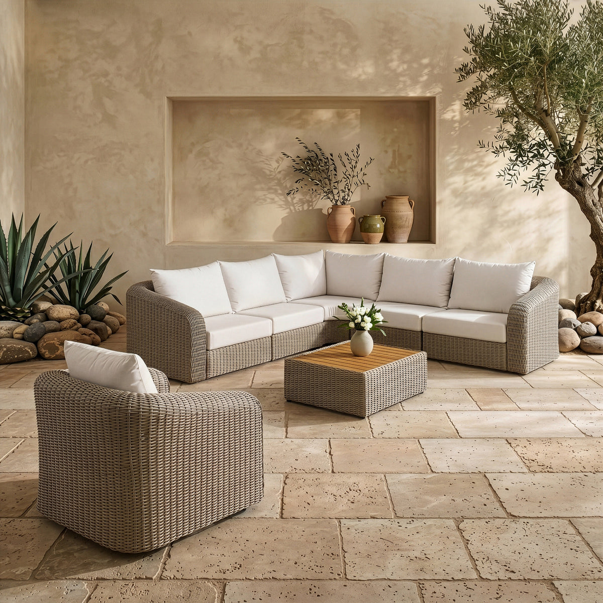 Seacrest 123.25in Cream Olefin Water Resistant Fabric And Wicker 5 Piece Outdoor Patio Modular Sectional Sofa