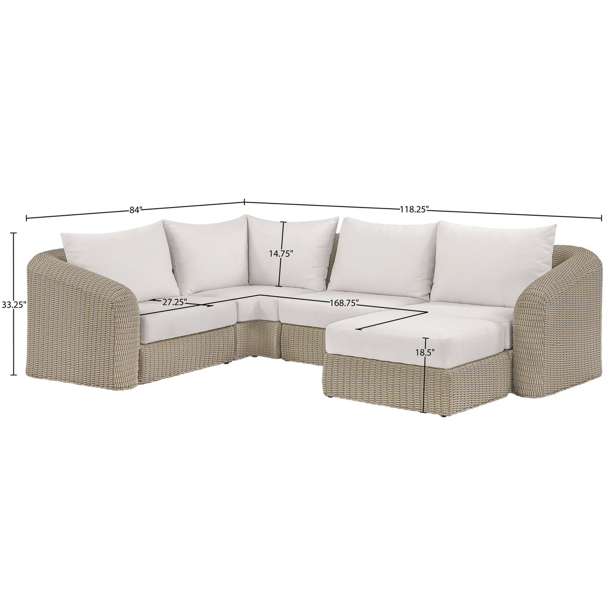Seacrest 123.25in Cream Olefin Water Resistant Fabric And Wicker 5 Piece Outdoor Patio Modular Sectional Sofa