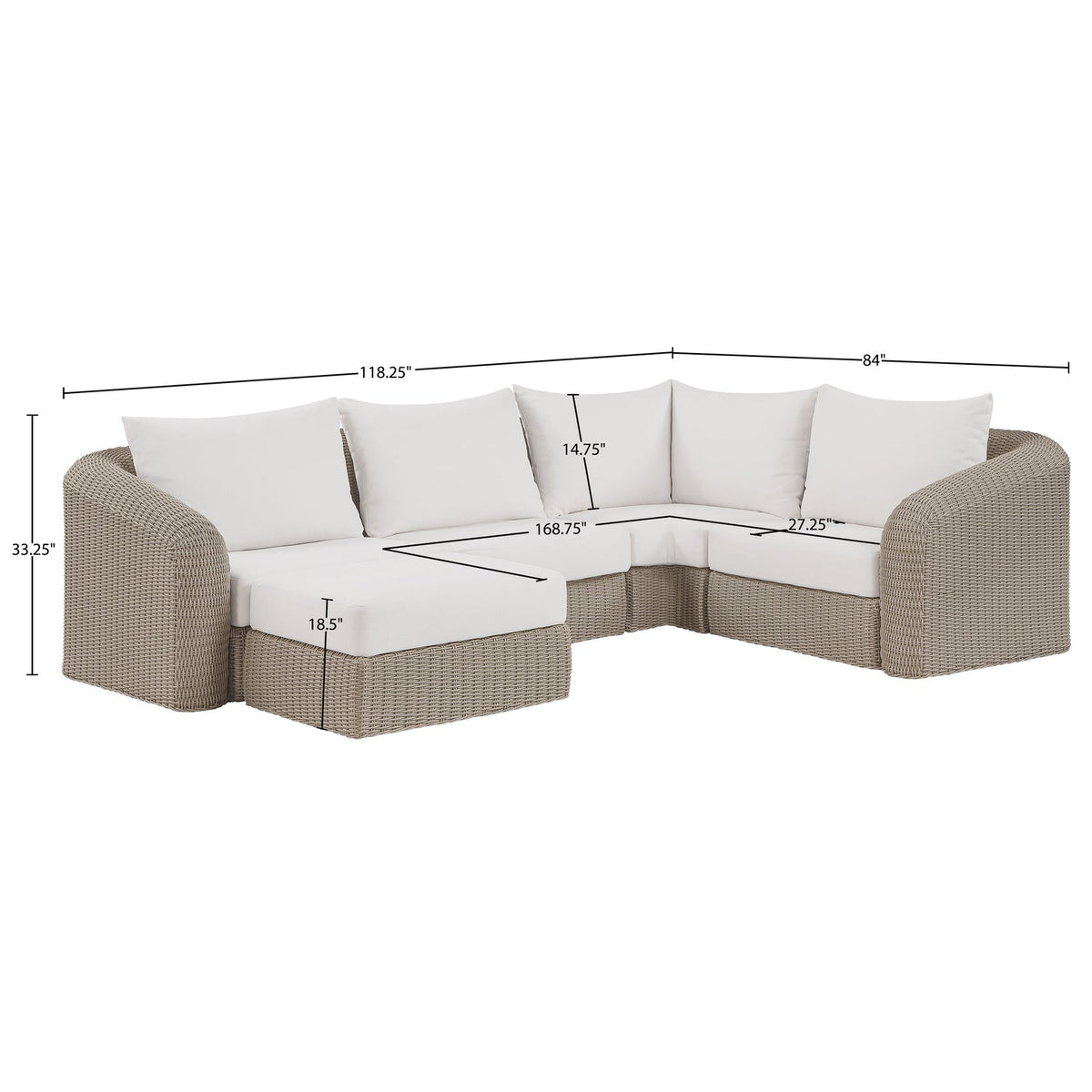 Seacrest 123.25in Cream Olefin Water Resistant Fabric And Wicker 5 Piece Outdoor Patio Modular Sectional Sofa