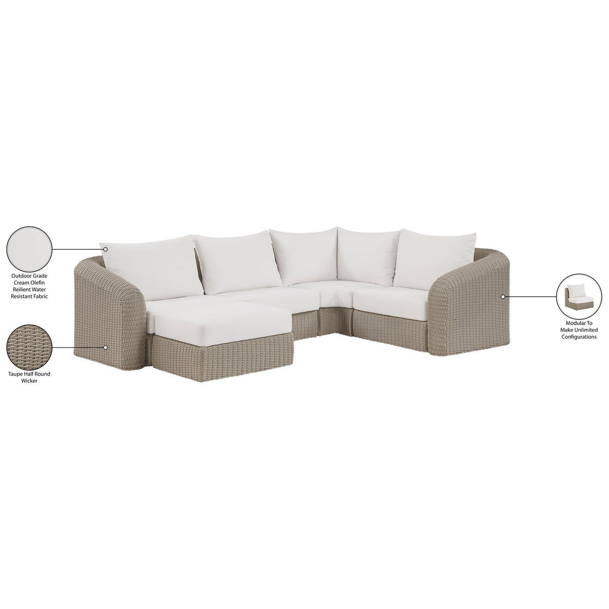 Seacrest 123.25in Cream Olefin Water Resistant Fabric And Wicker 5 Piece Outdoor Patio Modular Sectional Sofa