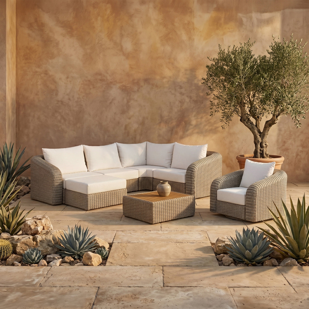 Seacrest 123.25in Cream Olefin Water Resistant Fabric And Wicker 5 Piece Outdoor Patio Modular Sectional Sofa