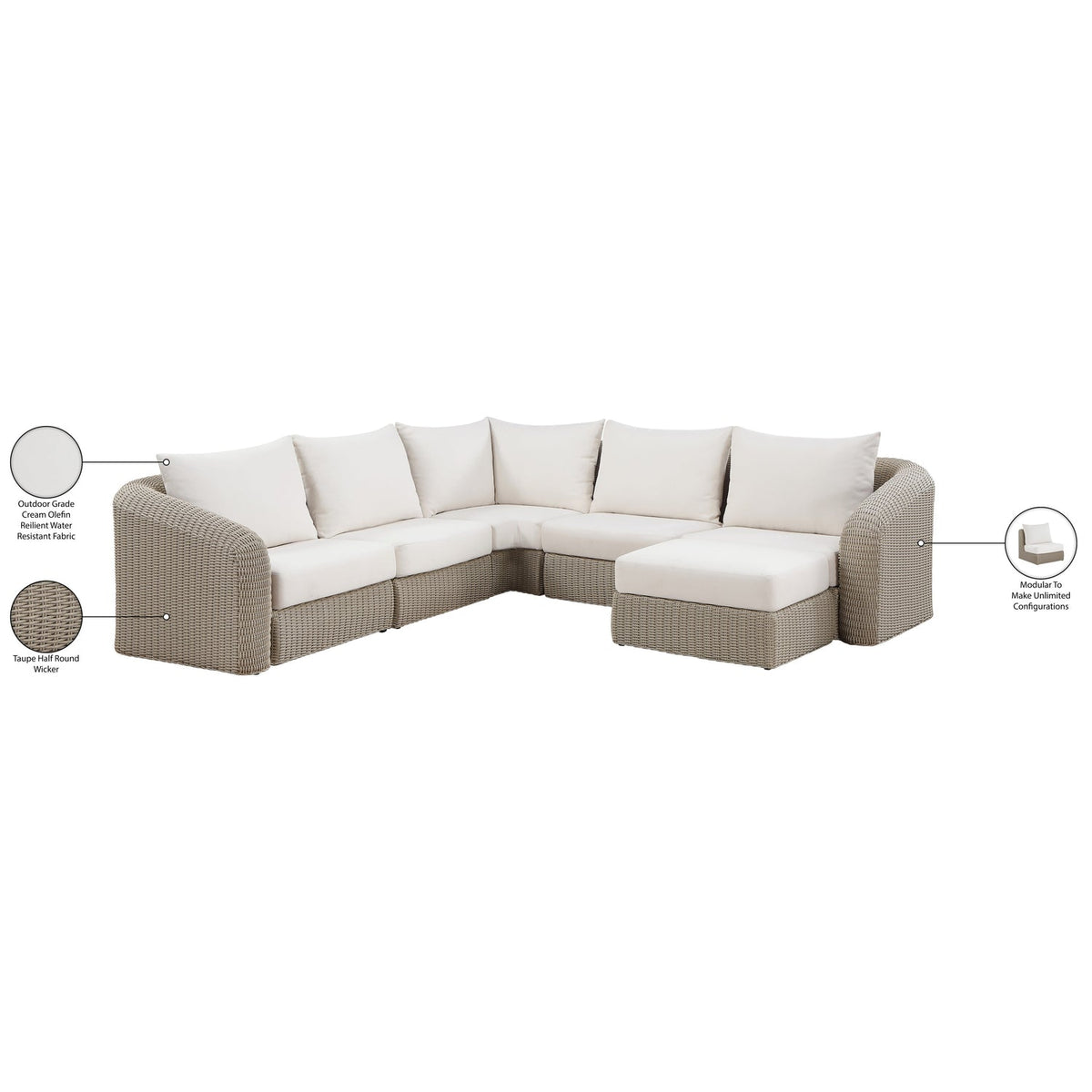 Seacrest 123.25in Cream Olefin Water Resistant Fabric And Wicker 6 Piece Outdoor Patio Modular Sectional Sofa