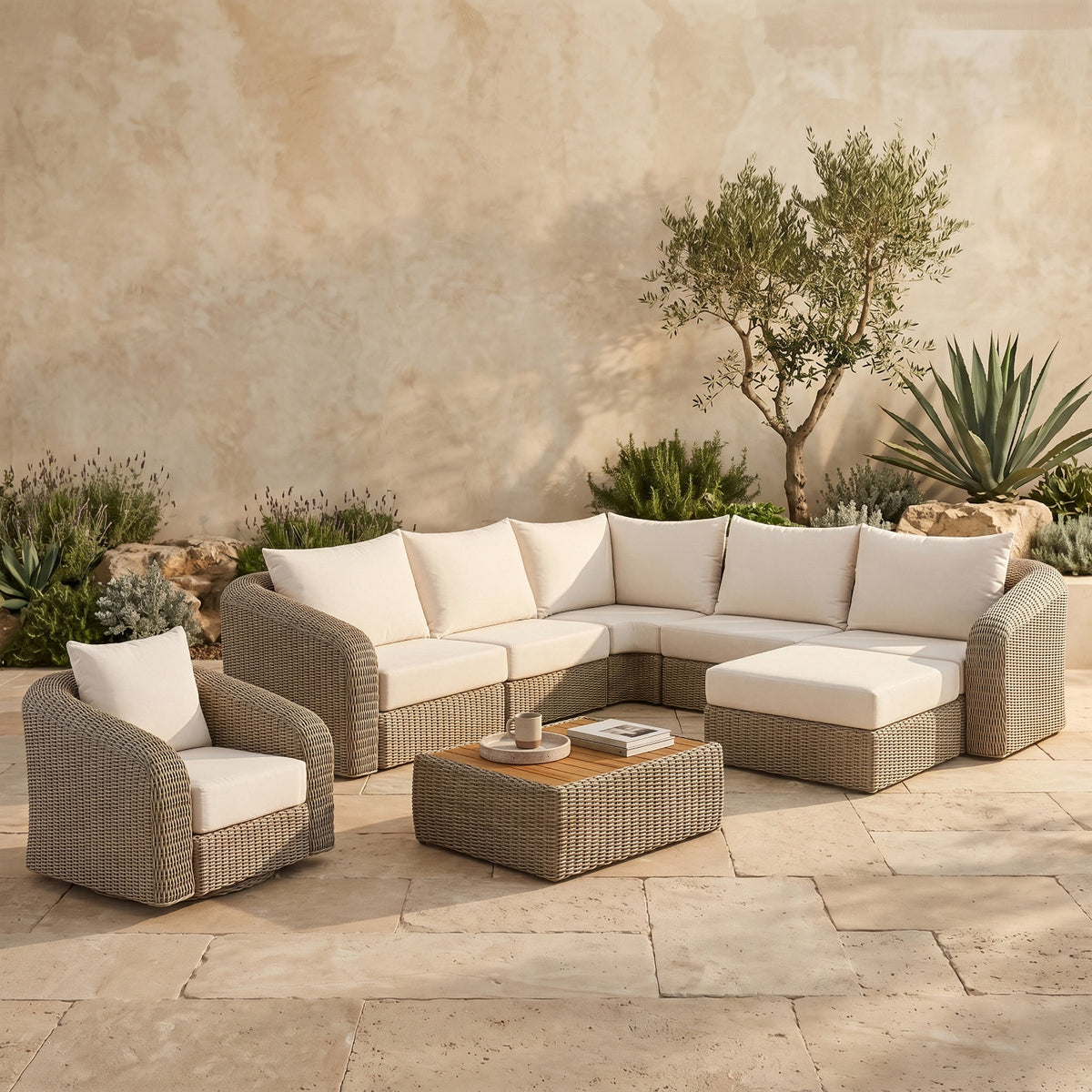 Seacrest 123.25in Cream Olefin Water Resistant Fabric And Wicker 6 Piece Outdoor Patio Modular Sectional Sofa