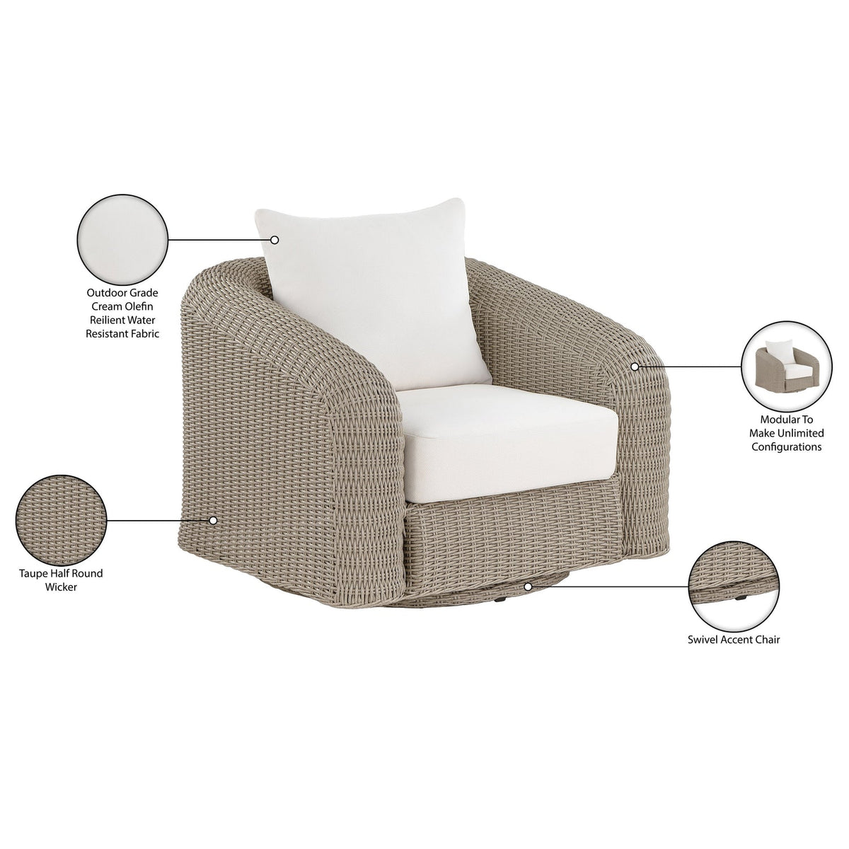 Seacrest Cream Olefin Water Resistant Fabric And Wicker Outdoor Patio Swivel Chair