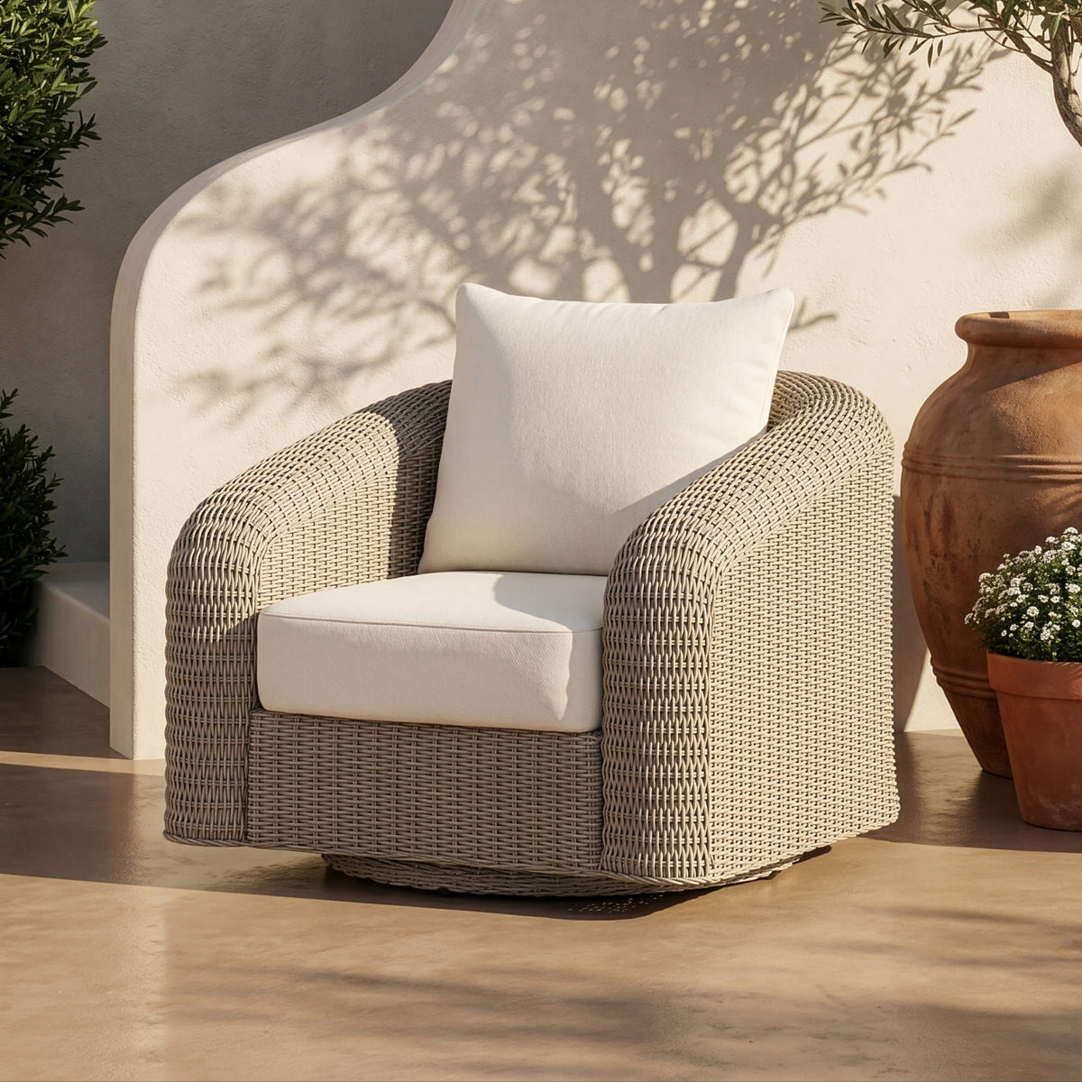 Seacrest Cream Olefin Water Resistant Fabric And Wicker Outdoor Patio Swivel Chair