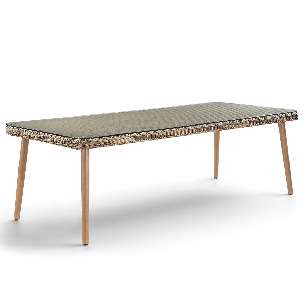 Seacrest 96" Natural Glass Top Dining Table in natural wicker and glass, primary product view