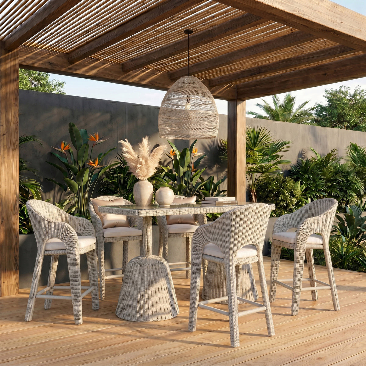 Seacrest 60in Taupe Tempered Glass Top And Wicker Outdoor Patio Bar Table
