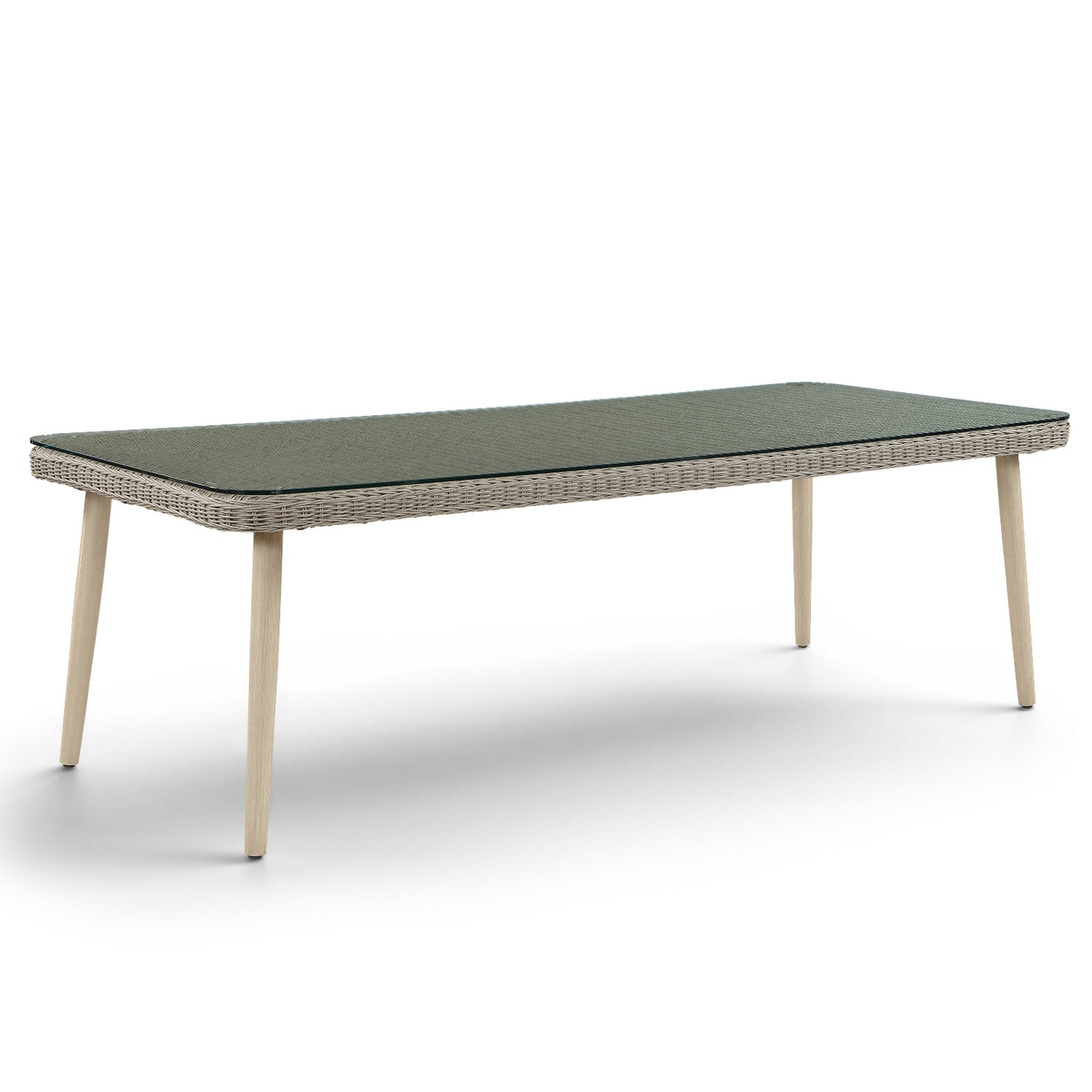 Seacrest 96" Taupe Glass Top Dining Table in taupe wicker and glass, primary product view