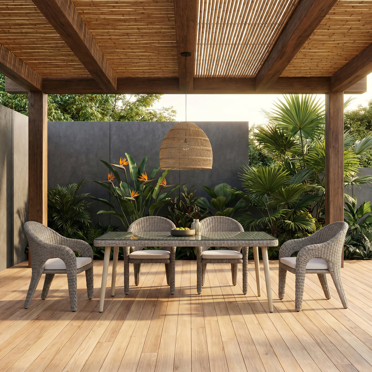 Seacrest 96in Taupe Tempered Glass Top And Wicker Outdoor Patio Dining Table