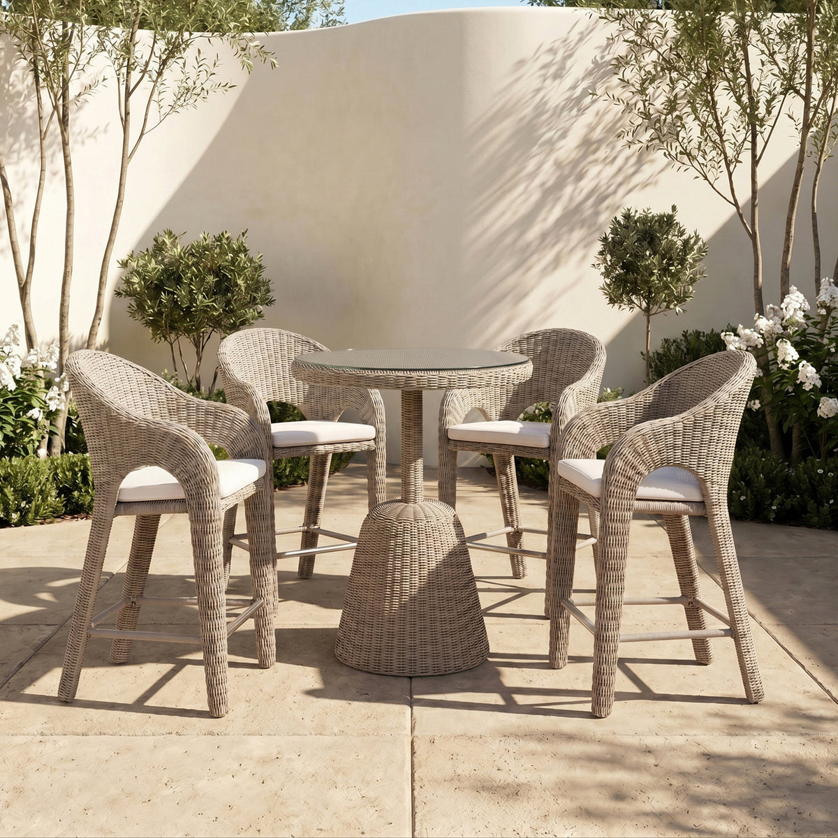 Seacrest Taupe Olefin Water Resistant Fabric And Wicker Outdoor Patio Bar Stool