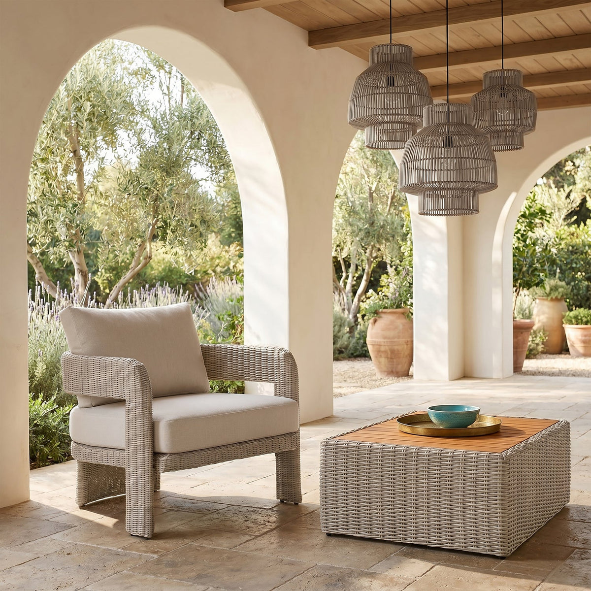 Sandbay Cream Olefin Water Resistant Fabric And Wicker Outdoor Patio Accent Chair