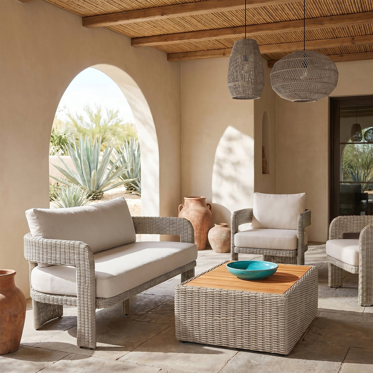 Sandbay 6 15in Cream Olefin Water Resistant Fabric And Wicker Outdoor Patio Loveseat