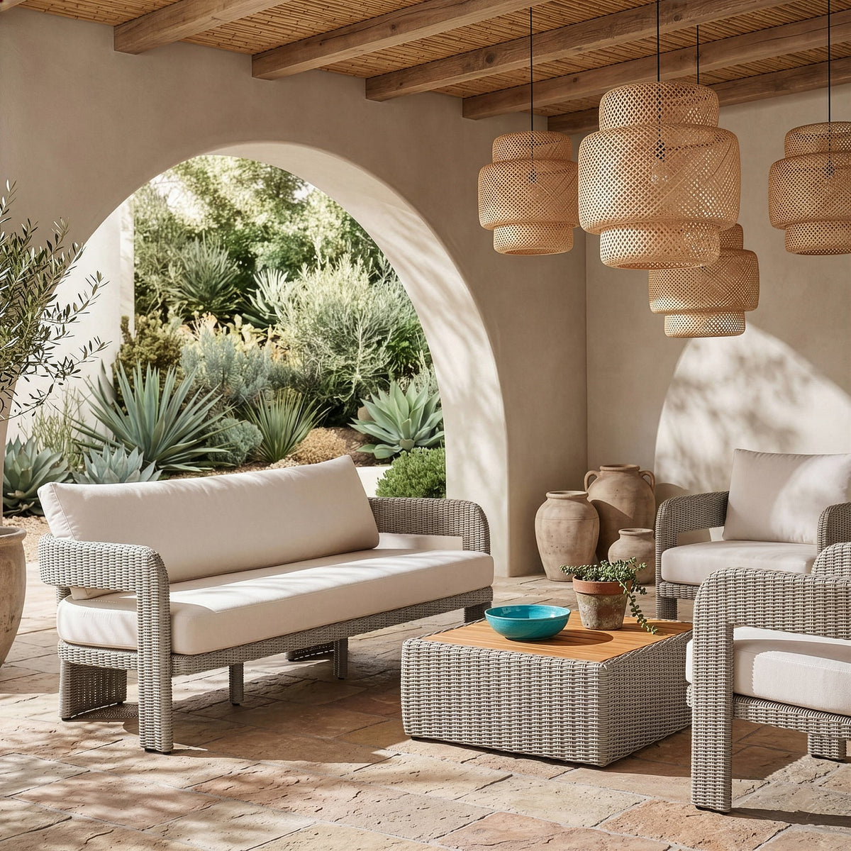 Sandbay 83.5in Cream Olefin Water Resistant Fabric And Wicker Outdoor Patio Sofa
