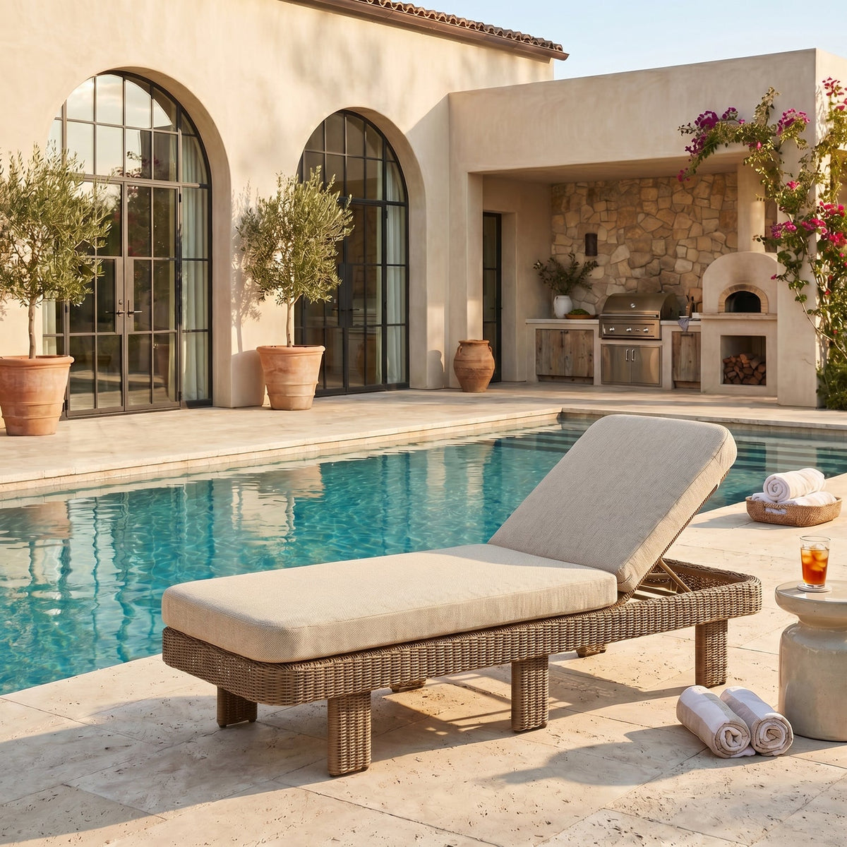 Sandbay Beige Olefin Water Resistant Fabric And Wicker Outdoor Patio Lounge Chair