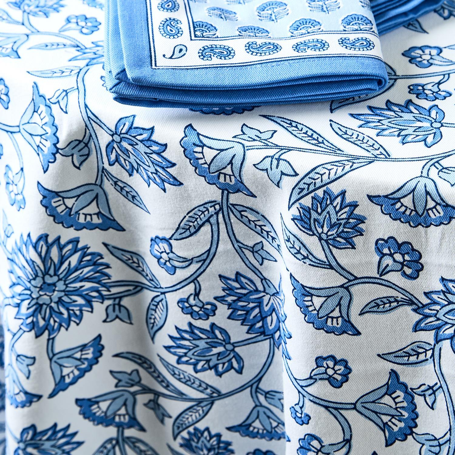 Chinoiserie Blue Block Print Design Tablecloth Set of 2