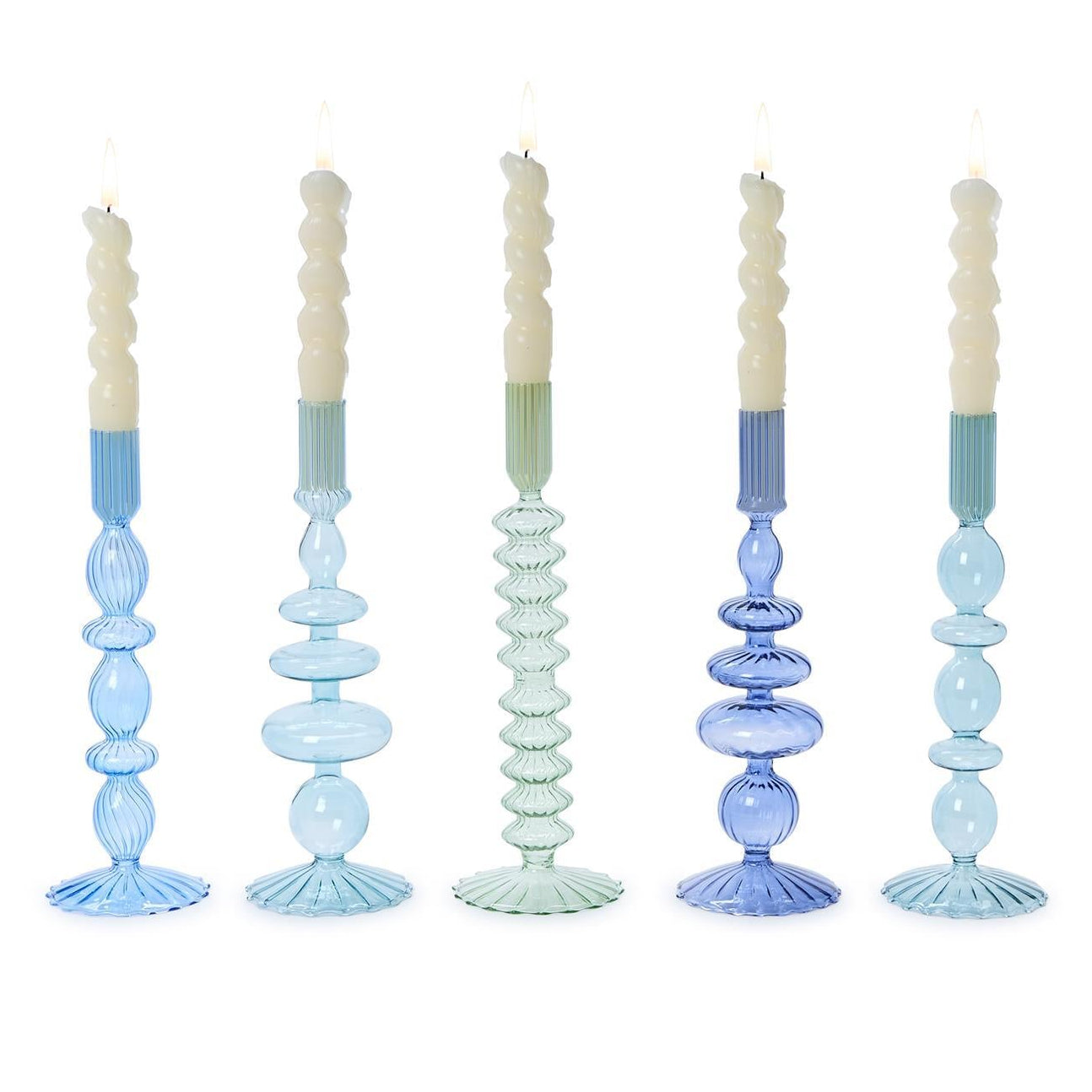 Blue Hand-Blown Glass Taper Candlestick Candleholder Set of 5