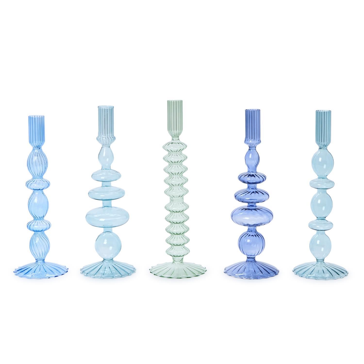 Blue Hand-Blown Glass Taper Candlestick Candleholder Set of 5
