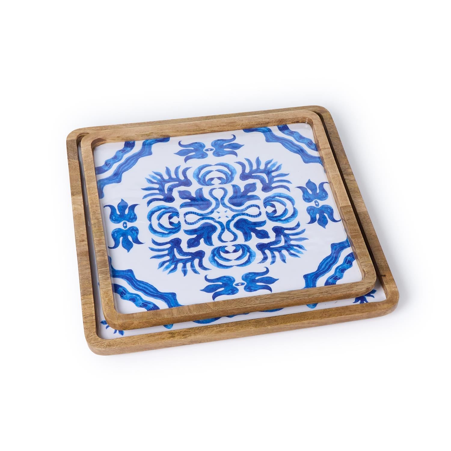 Blue Block Print Tray Set of 2
