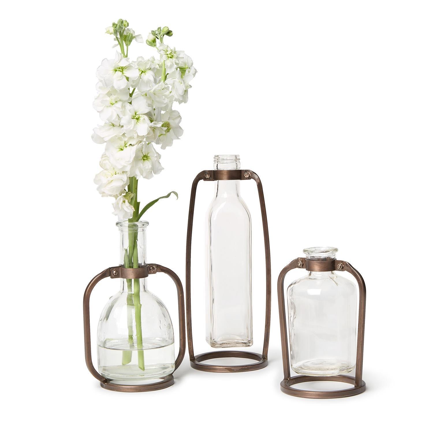 Glass Bottle Vase with Metal Stand Set of 3
