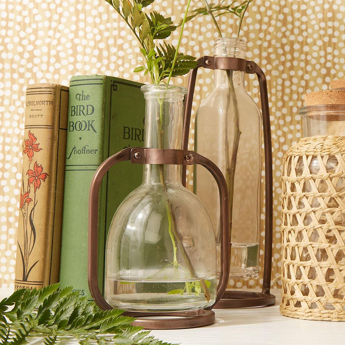 Glass Bottle Vase with Metal Stand Set of 3