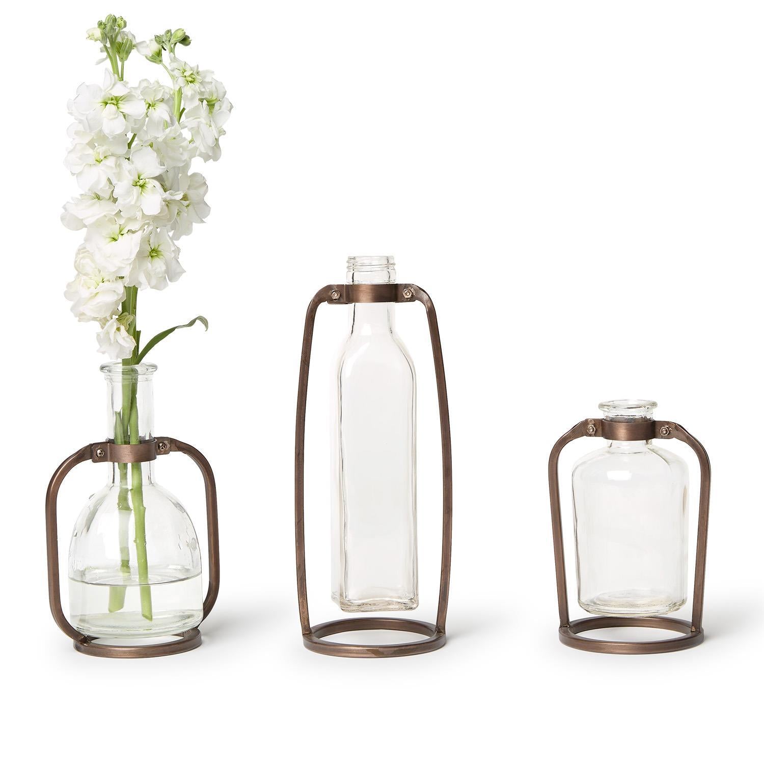 Glass Bottle Vase with Metal Stand Set of 3