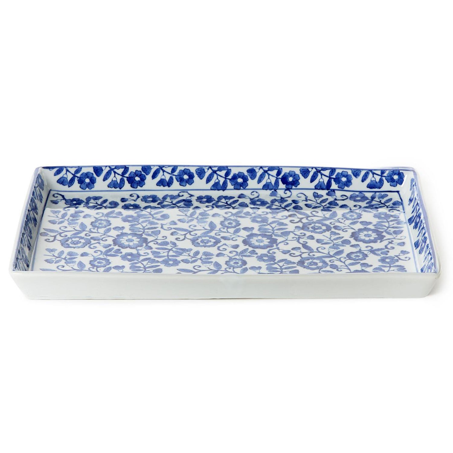 Chinoiserie Hand-Painted Blue and White Floral Tray