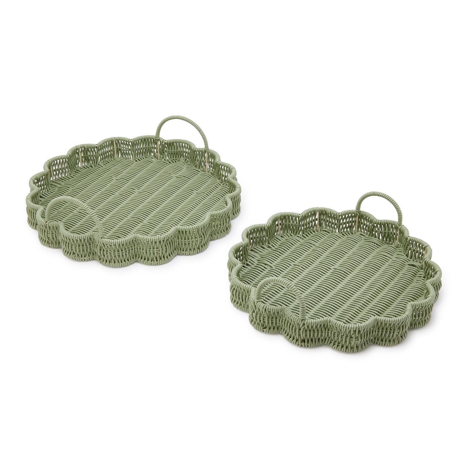 All Weather Wicker Scalloped Edge Green Round Serving Tray Set of 2