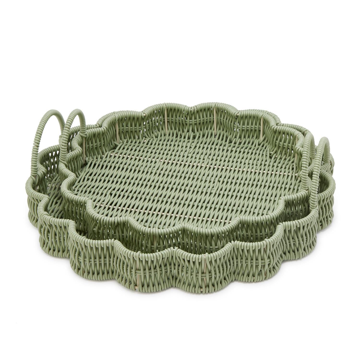 All Weather Wicker Scalloped Edge Green Round Serving Tray Set of 2