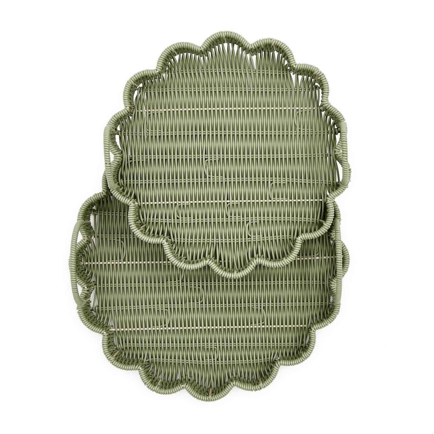 All Weather Wicker Scalloped Edge Green Round Serving Tray Set of 2