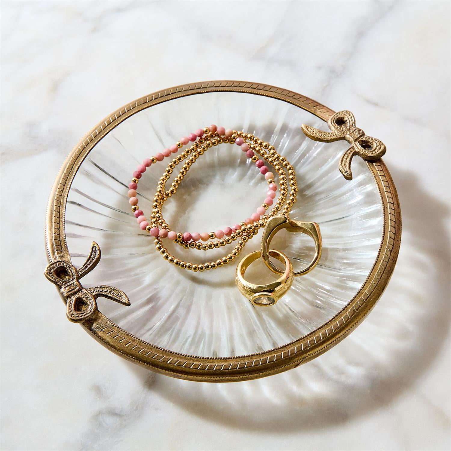 Antique Gold Round Glass Trinket Tray w/Bow Accent