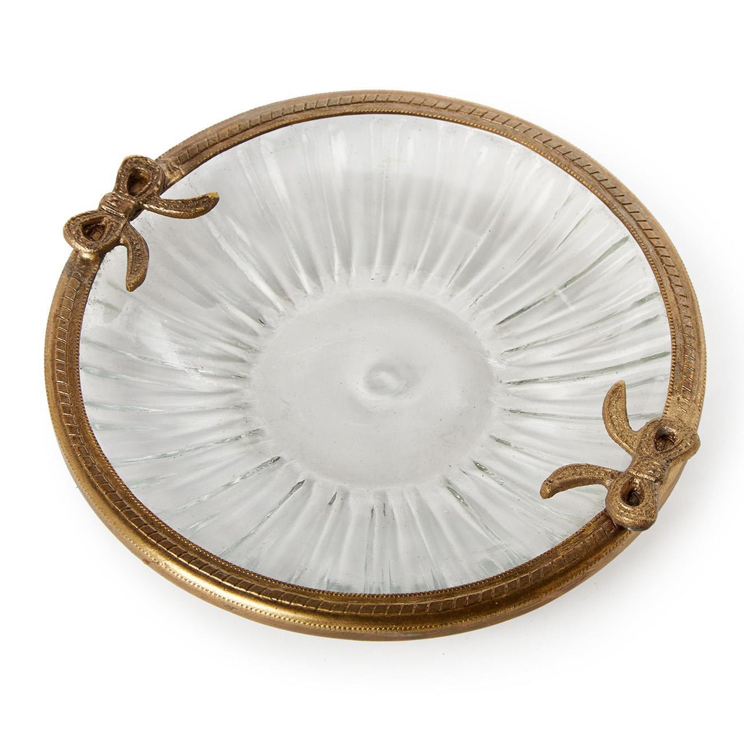 Antique Gold Round Glass Trinket Tray w/Bow Accent