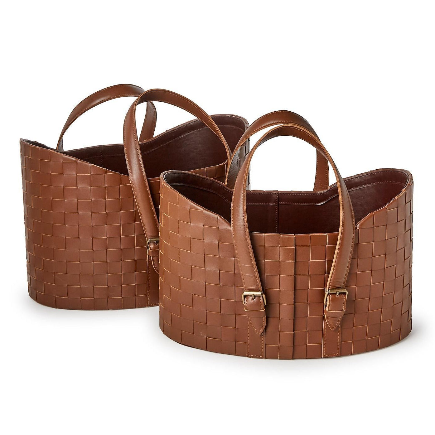 Genuine Leather Basketweave Storage Basket Set of 2