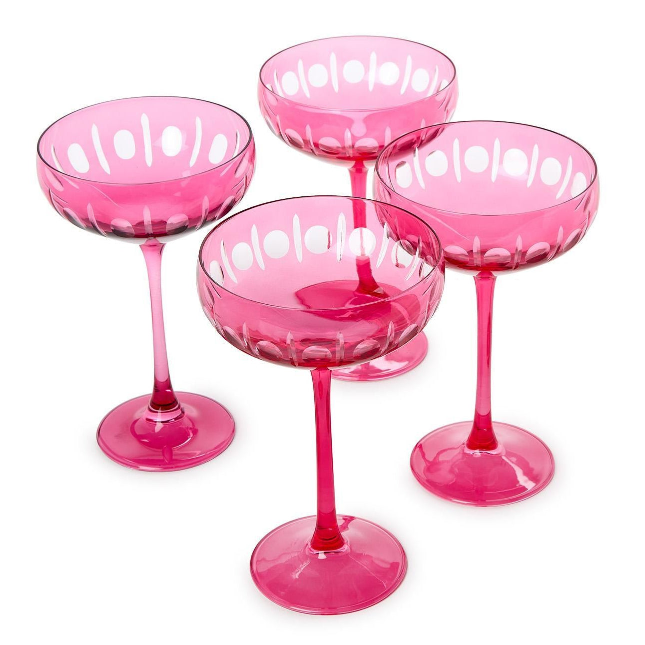 Sparkling Cut Pink Hand Engraved Coupe Wine Glass Set of 4