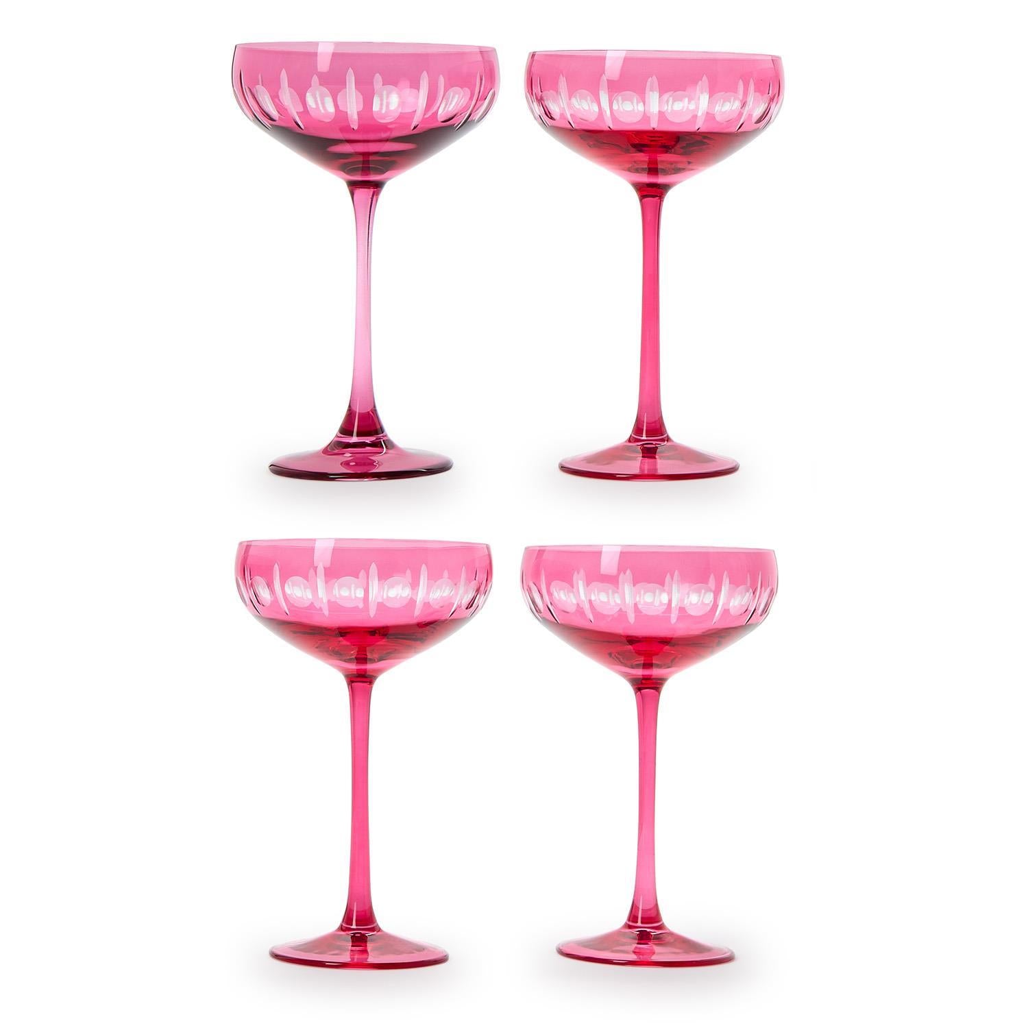 Sparkling Cut Pink Hand Engraved Coupe Wine Glass Set of 4