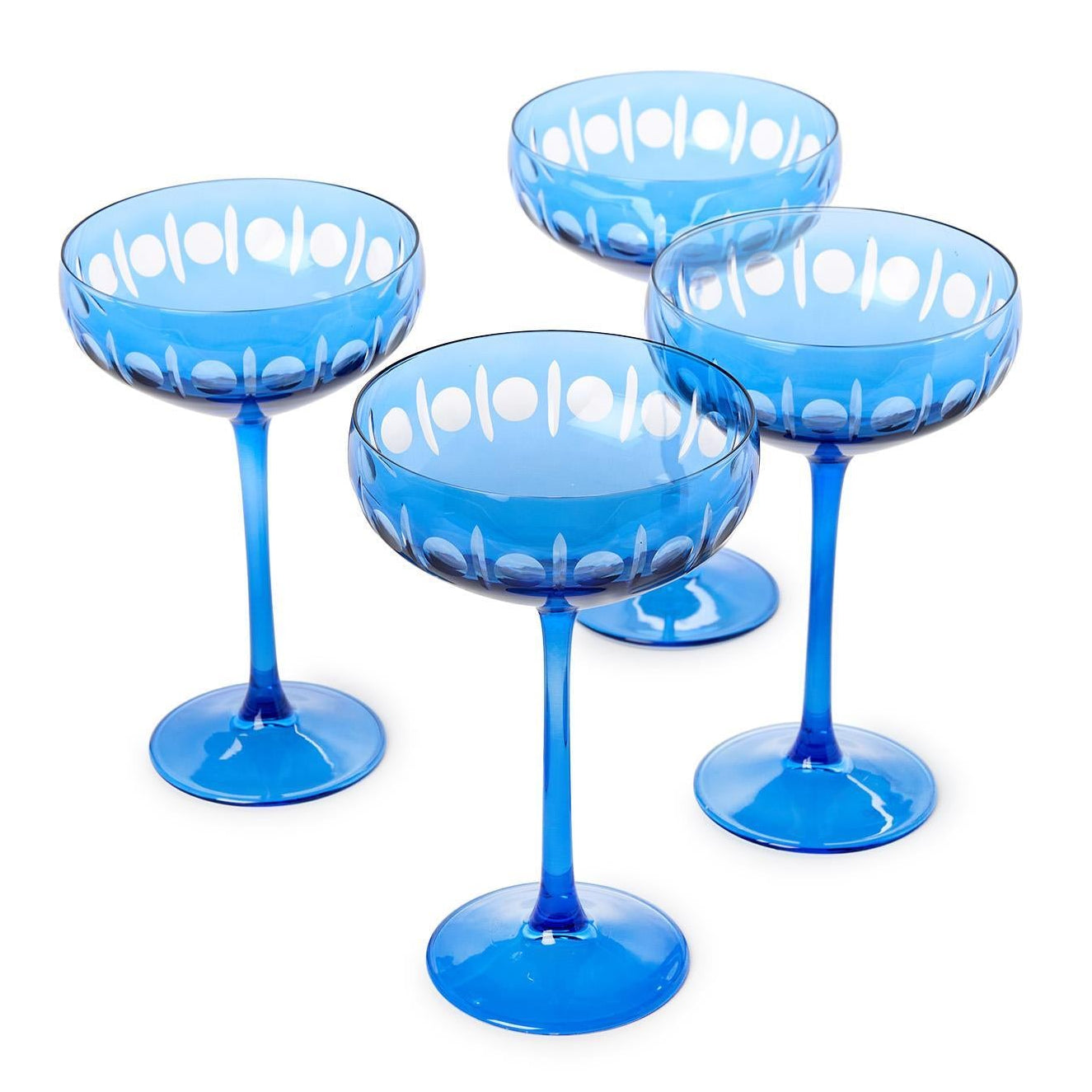 Sparkling Cut Blue Hand Engraved Coupe Wine Glass Set of 4