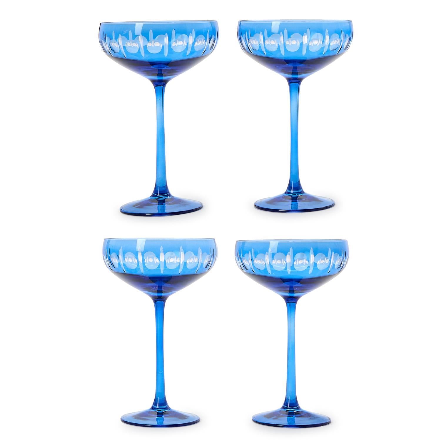 Sparkling Cut Blue Hand Engraved Coupe Wine Glass Set of 4
