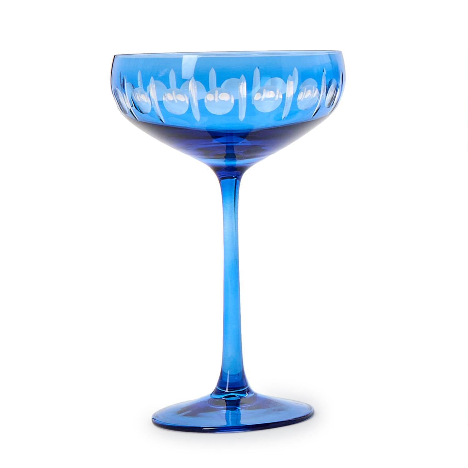 Sparkling Cut Blue Hand Engraved Coupe Wine Glass Set of 4