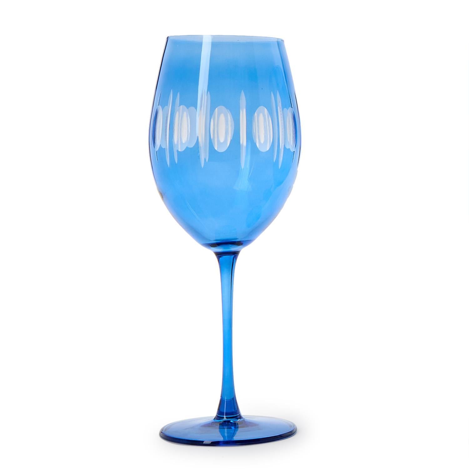 Sparkling Cut Blue Hand Engraved Stemmed Wine Glass Set of 4