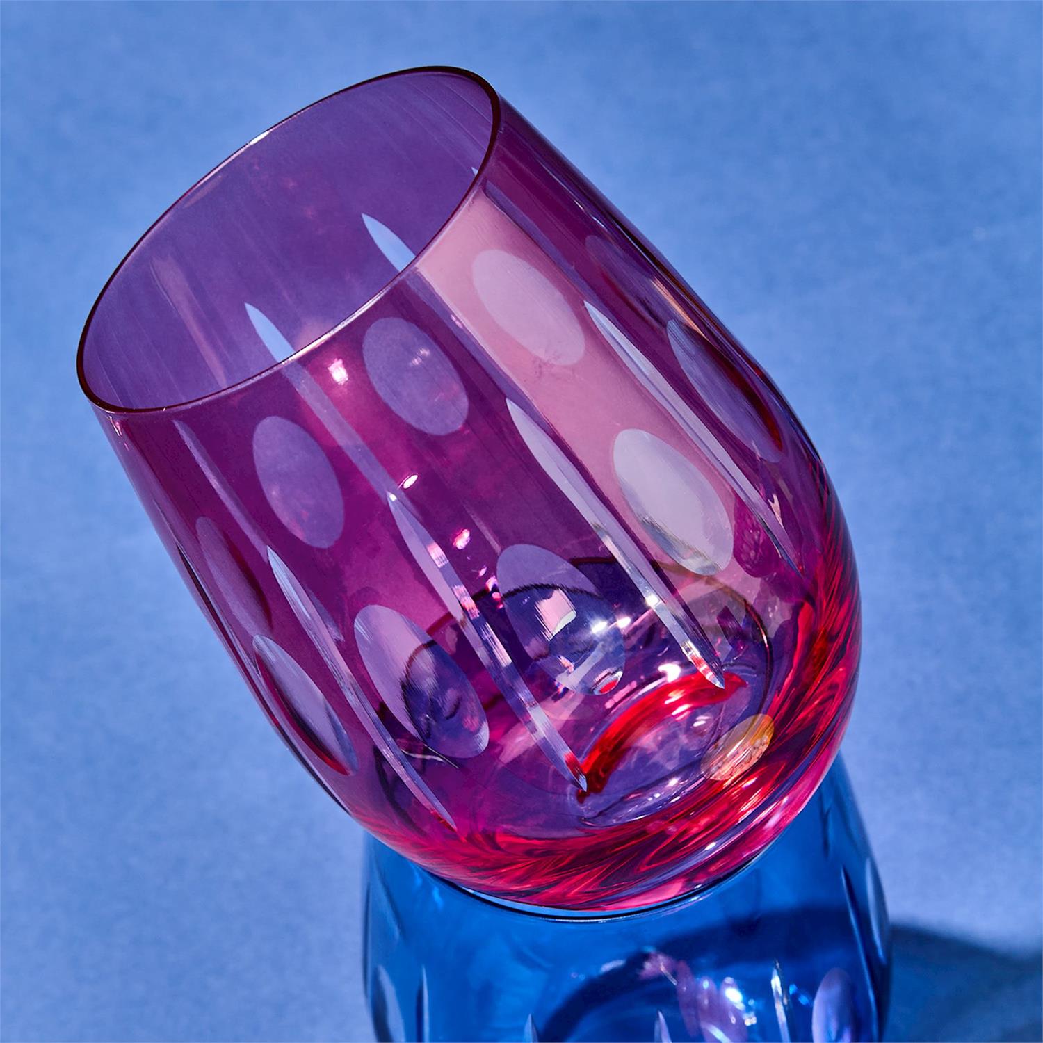 Sparkling Cut Pink Hand Engraved Stemless Wine Glass Set of 4