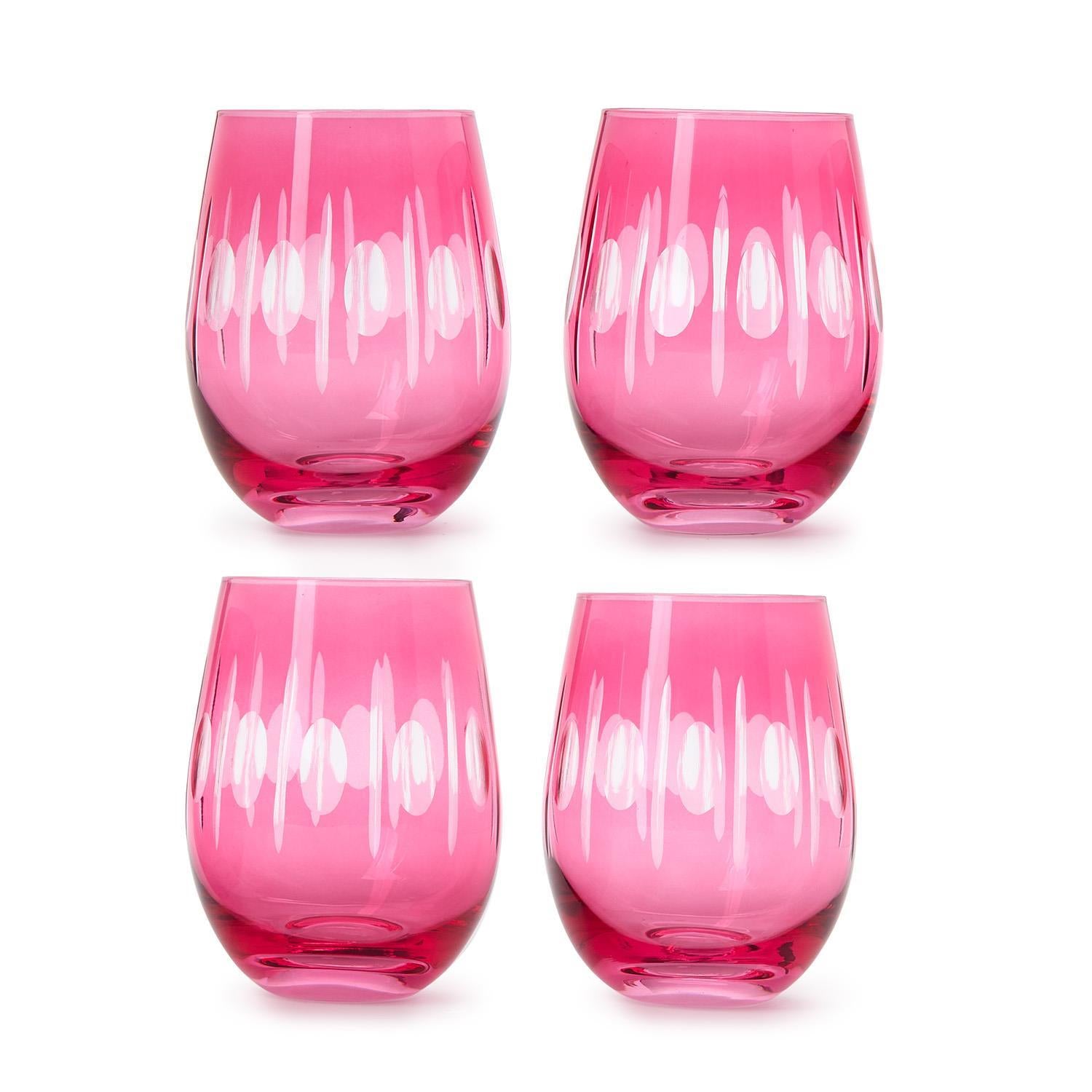 Sparkling Cut Pink Hand Engraved Stemless Wine Glass Set of 4