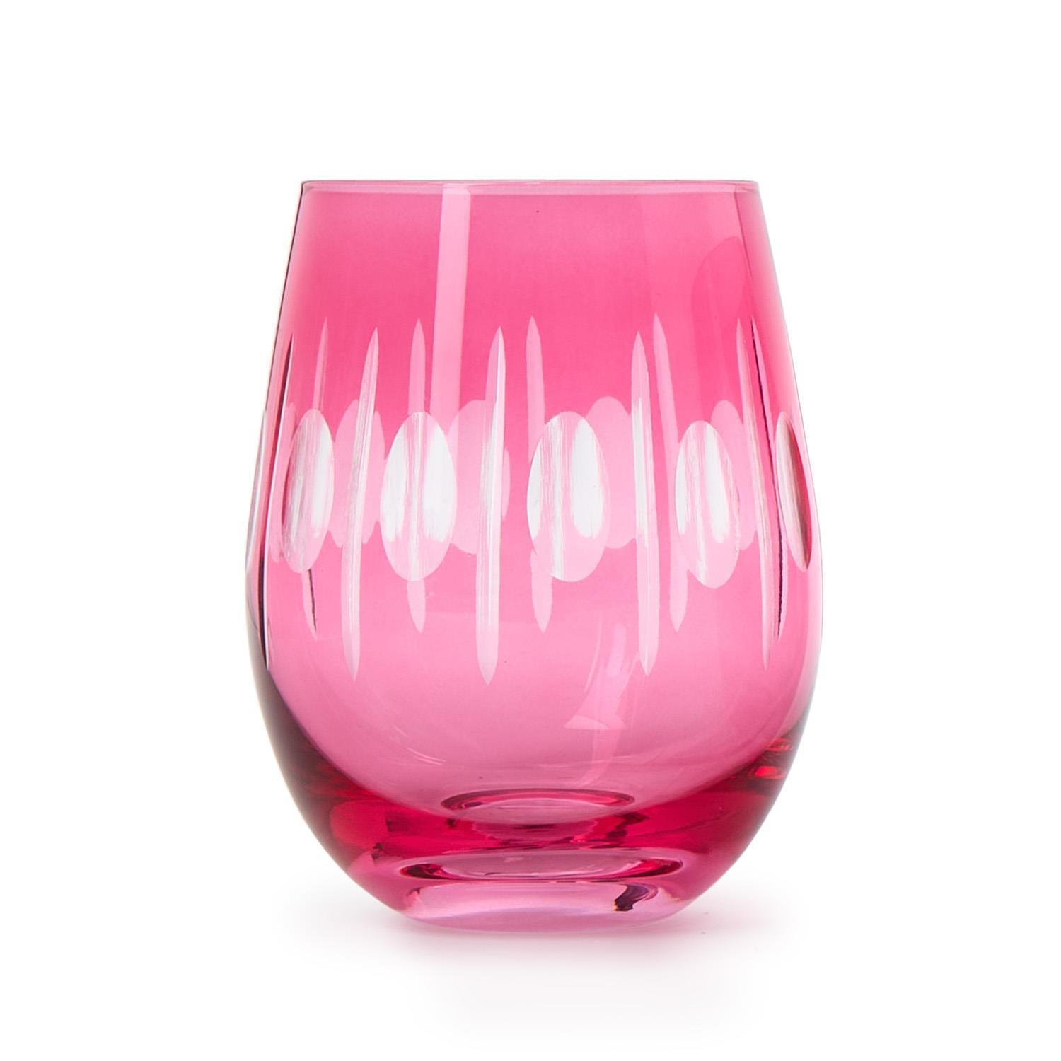Sparkling Cut Pink Hand Engraved Stemless Wine Glass Set of 4