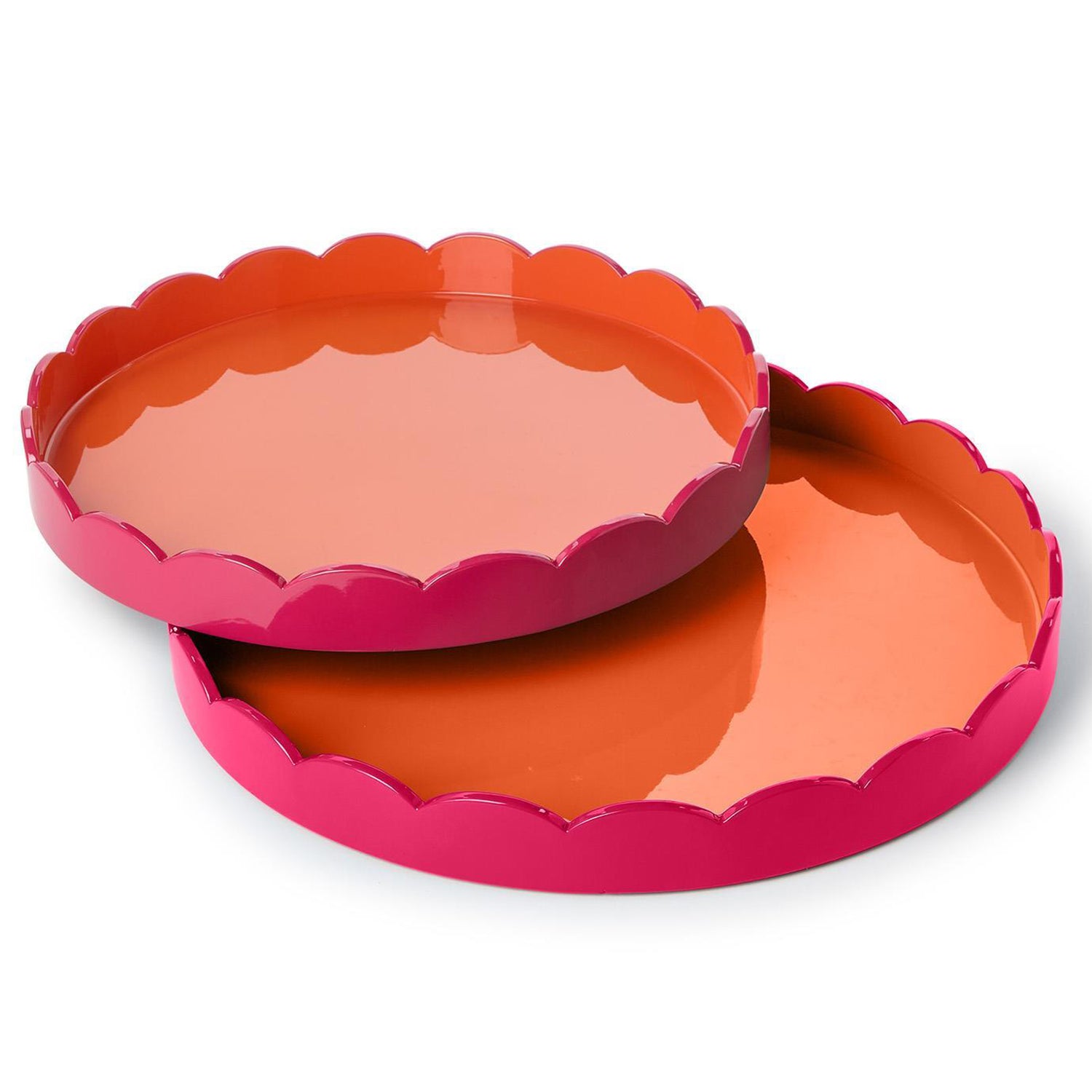 Scalloped Pink and Orange Dual Tone Lacquered Tray Set of 2